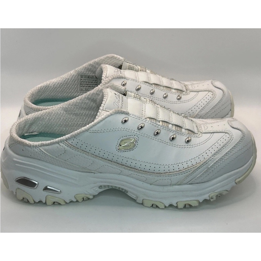 Skechers Sport D'Lites Bright Sky Silver Slip-On Mules White Women’s Size 8.5